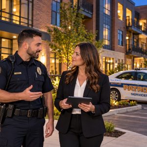 PSI security officer talking with a property manager outside a Columbus apartment community, with a PSI patrol car parked nearby